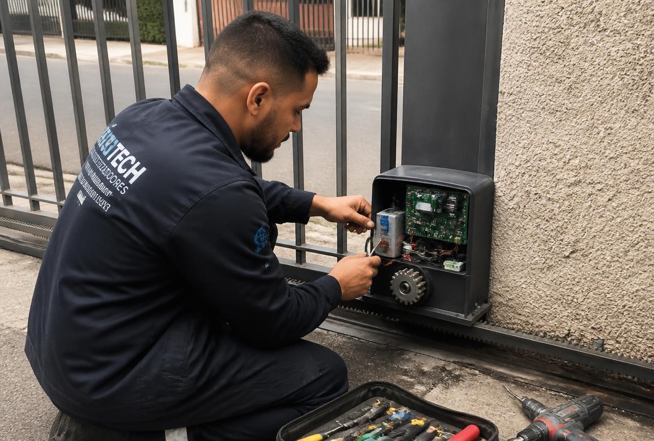 Troca de capacitor do motor de portão em Cotia: técnico abrindo a caixa do motor de portão deslizante para checar a central